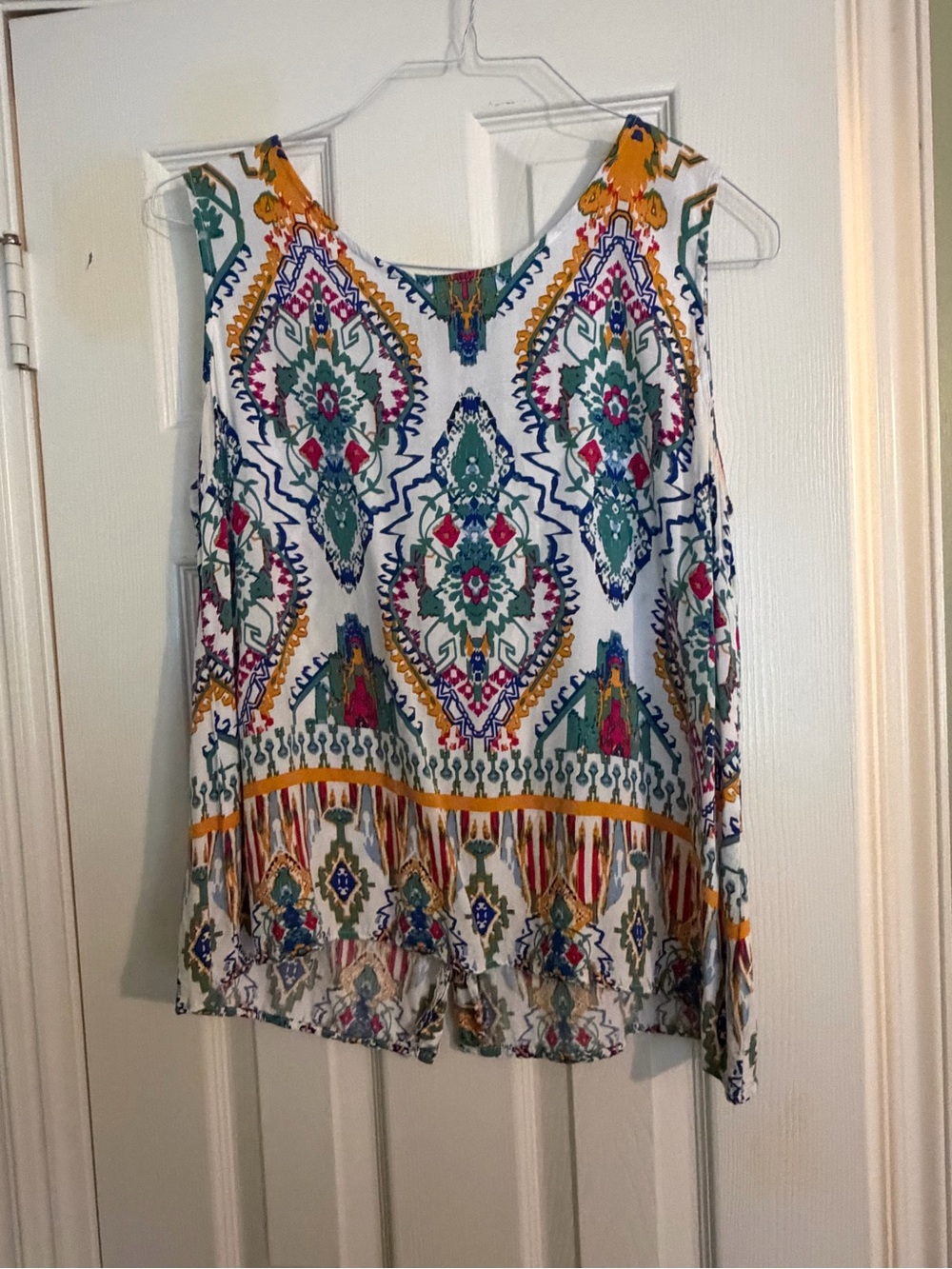 Christian Siriano White Boho Tank with Teal, Mustard and Pink Accents